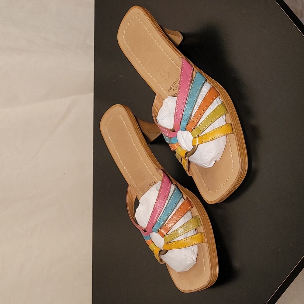 Multi Color Leather Slip On Heeled Sandals